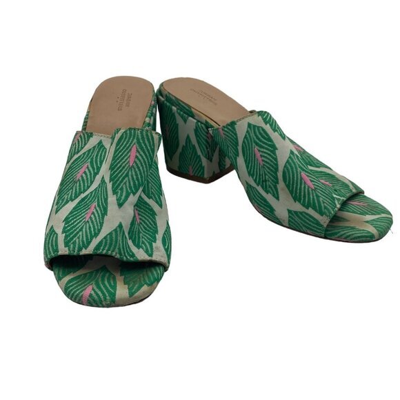 URBAN OUTFITTERS Green Leaf Mules Womens SZ 7 Block Heel Open Toe Tropical - Picture 3 of 9